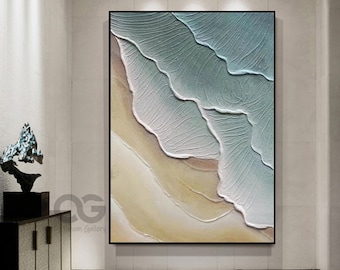 Large 3D Textured Coastal Wall Art Wave Acrylic Painting Framed Green Beach Wall Art Abstract Sea Wall Art Ocean Canvas Painting Wall Decor