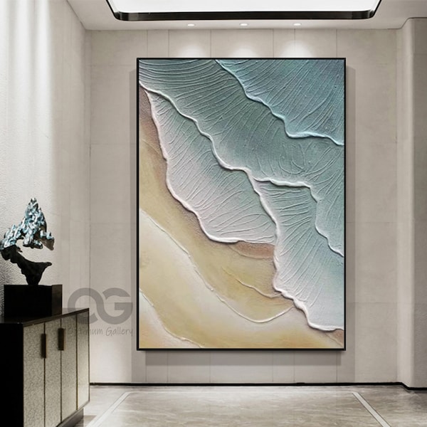 Large 3D Textured Coastal Wall Art Wave Acrylic Painting Framed Green Beach Wall Art Abstract Sea Wall Art Ocean Canvas Painting Wall Decor