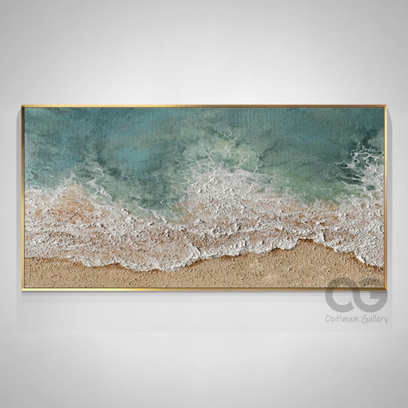 Große 3D-strukturierte Küsten-Wandkunst, gerahmt, grünes Strandgemälde, Meer-Acrylgemälde, abstrakte Ozean-Wandkunst, Strand-Leinwandgemälde, Wanddekoration Bild 5