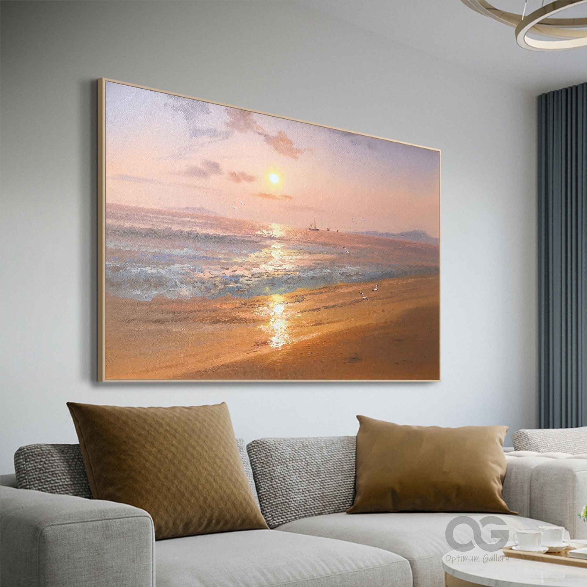 Framed Beach Sunset Painting ｜ Acrylic, Ocean Waves (24x36, Brown Sunset)