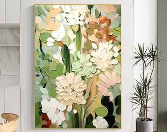 Textured Floral Painting on Canvas, Neutral Tone 3D Wall Art