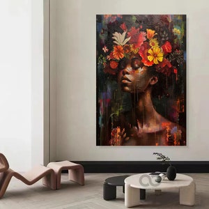 Black Woman Floral Painting African Portrait Black Wall Art Black Woman ...