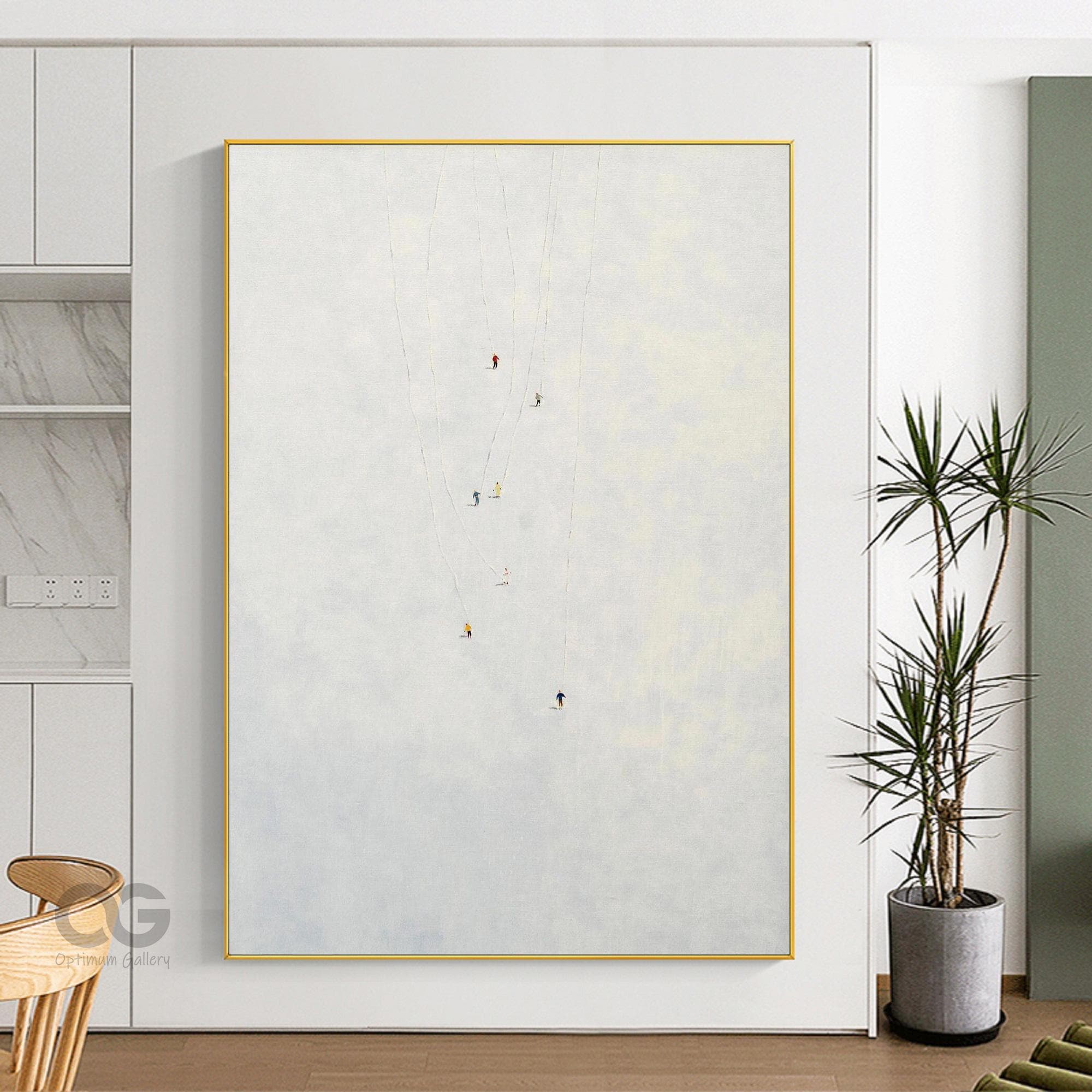 Winter Snow Mountain Painting: Retro Ski Sport Canvas Wall Art
