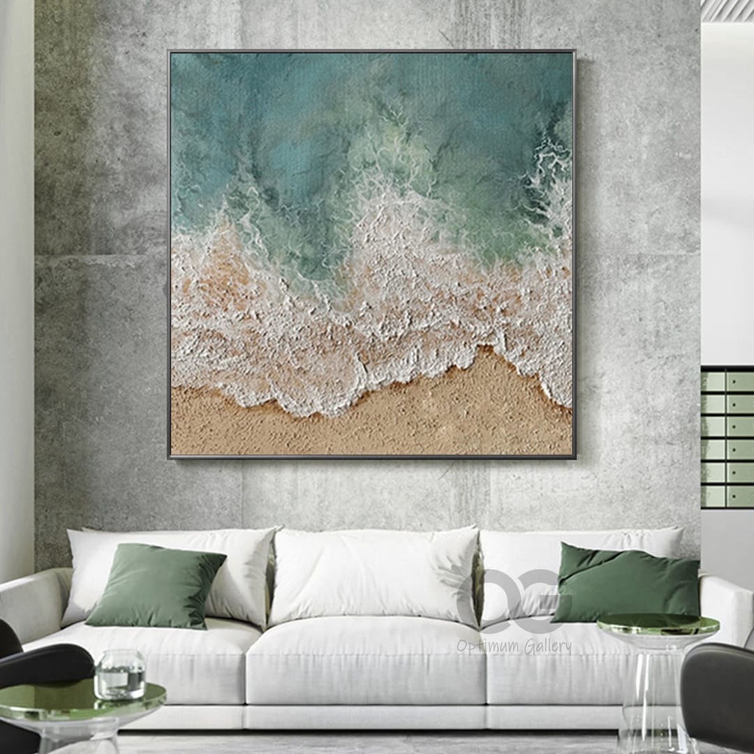 Large 3D Textured Coastal Wall Art Framed Green Beach Painting Abstract