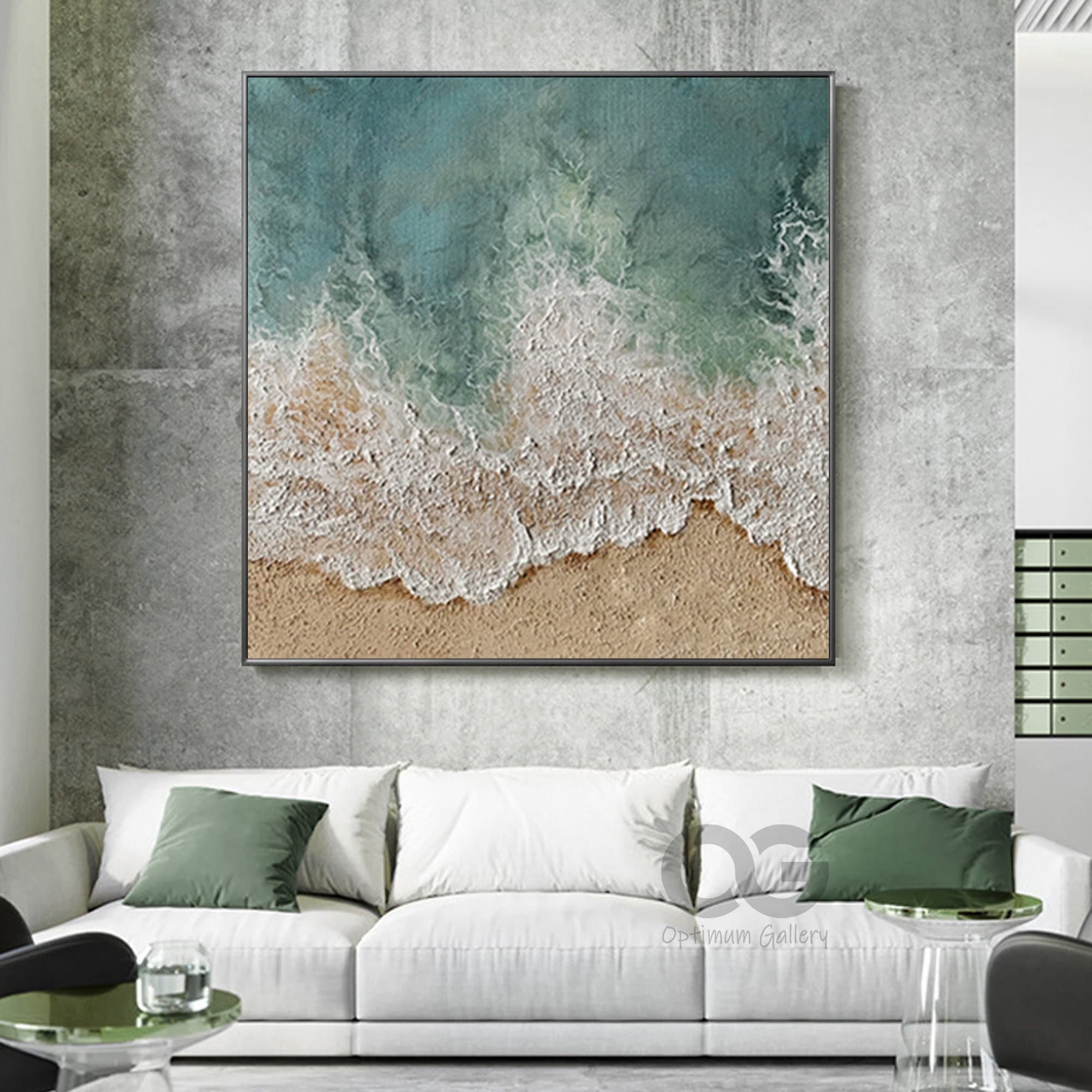 Large 3D Textured Coastal Wall Art Framed Green Beach Painting Etsy