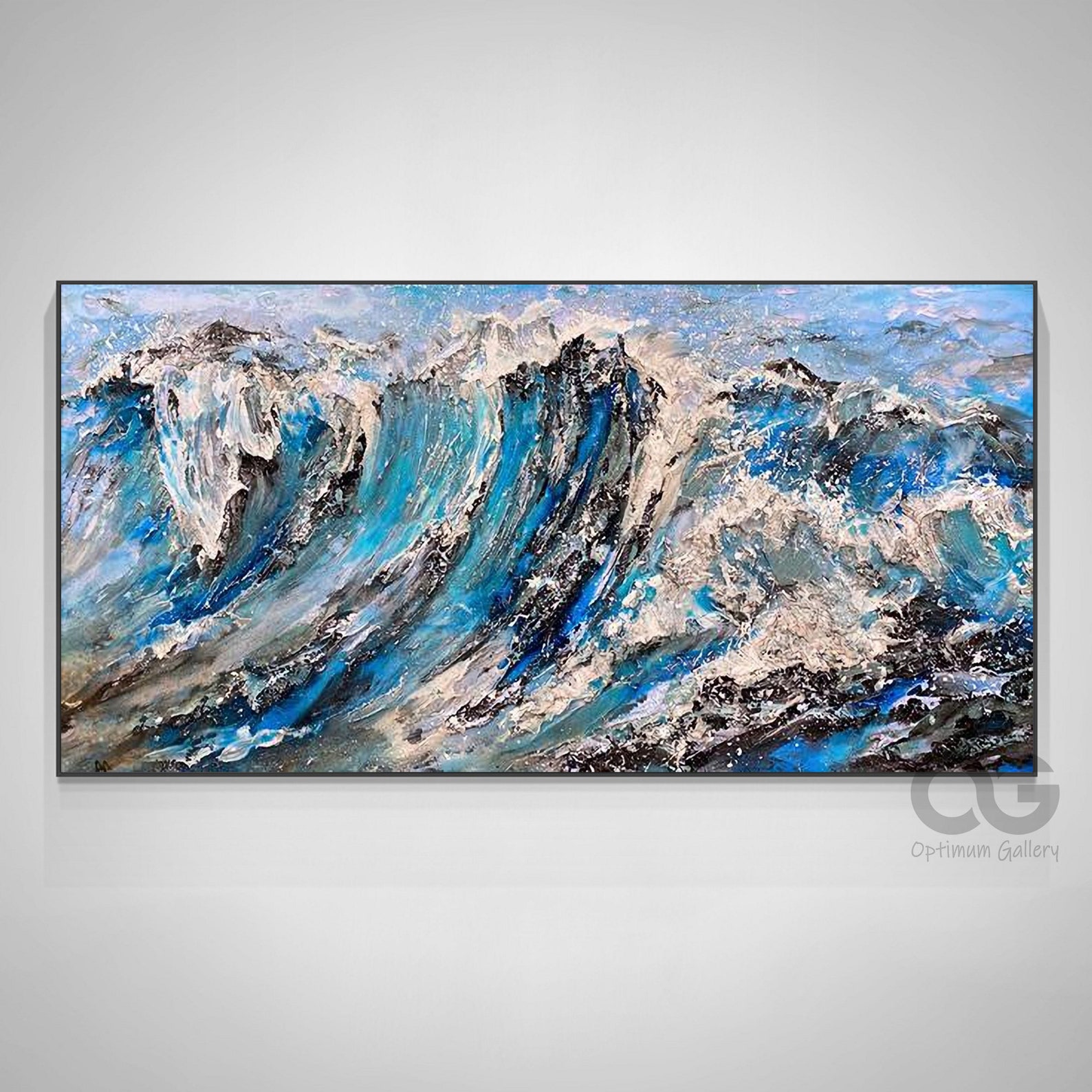 Textured Ocean Wave Wall Art Large Framed Blue Sea Painting Etsy