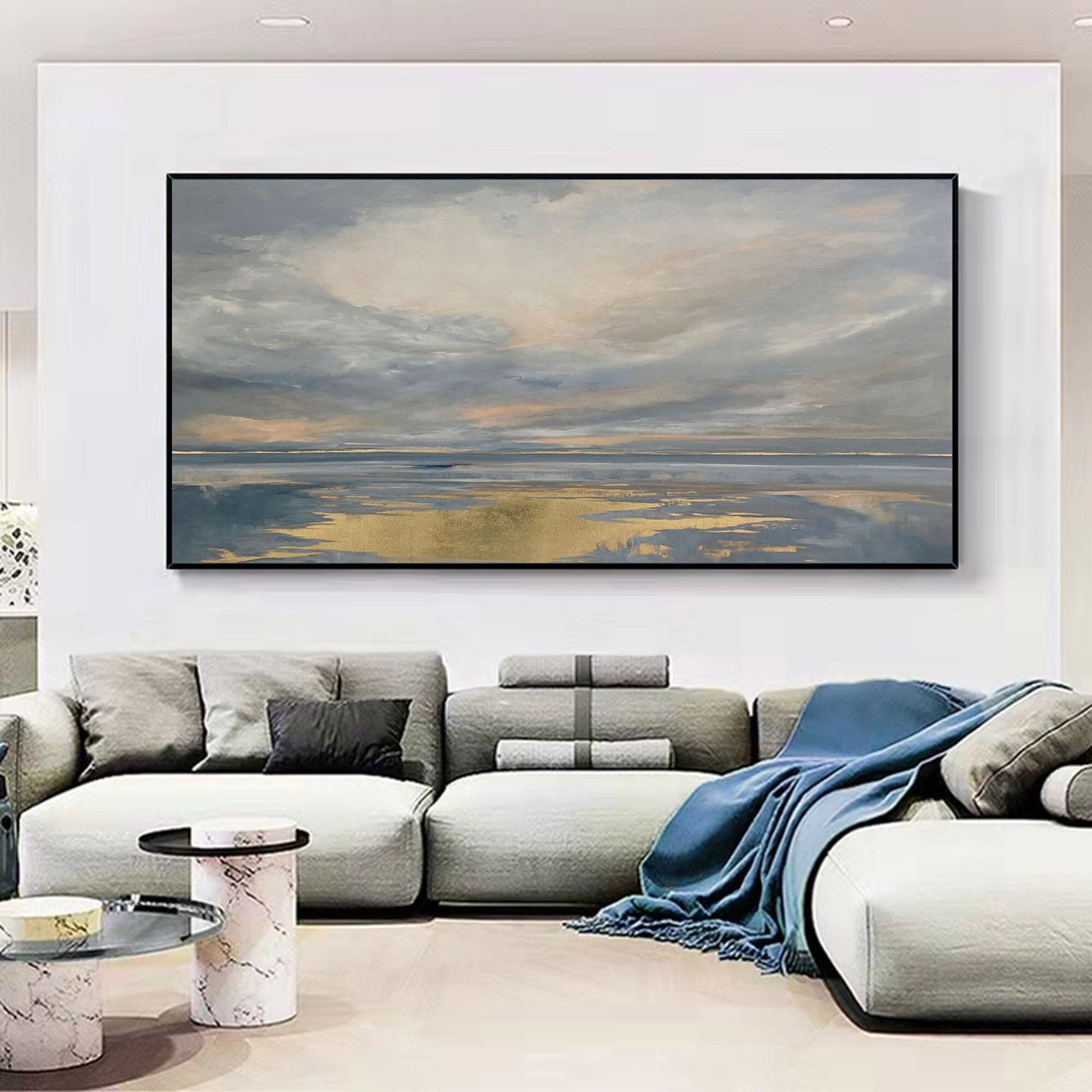 Original Ocean Canvas Painting ｜ Gray Sky, Golden Beach (40x50, Large Scale)