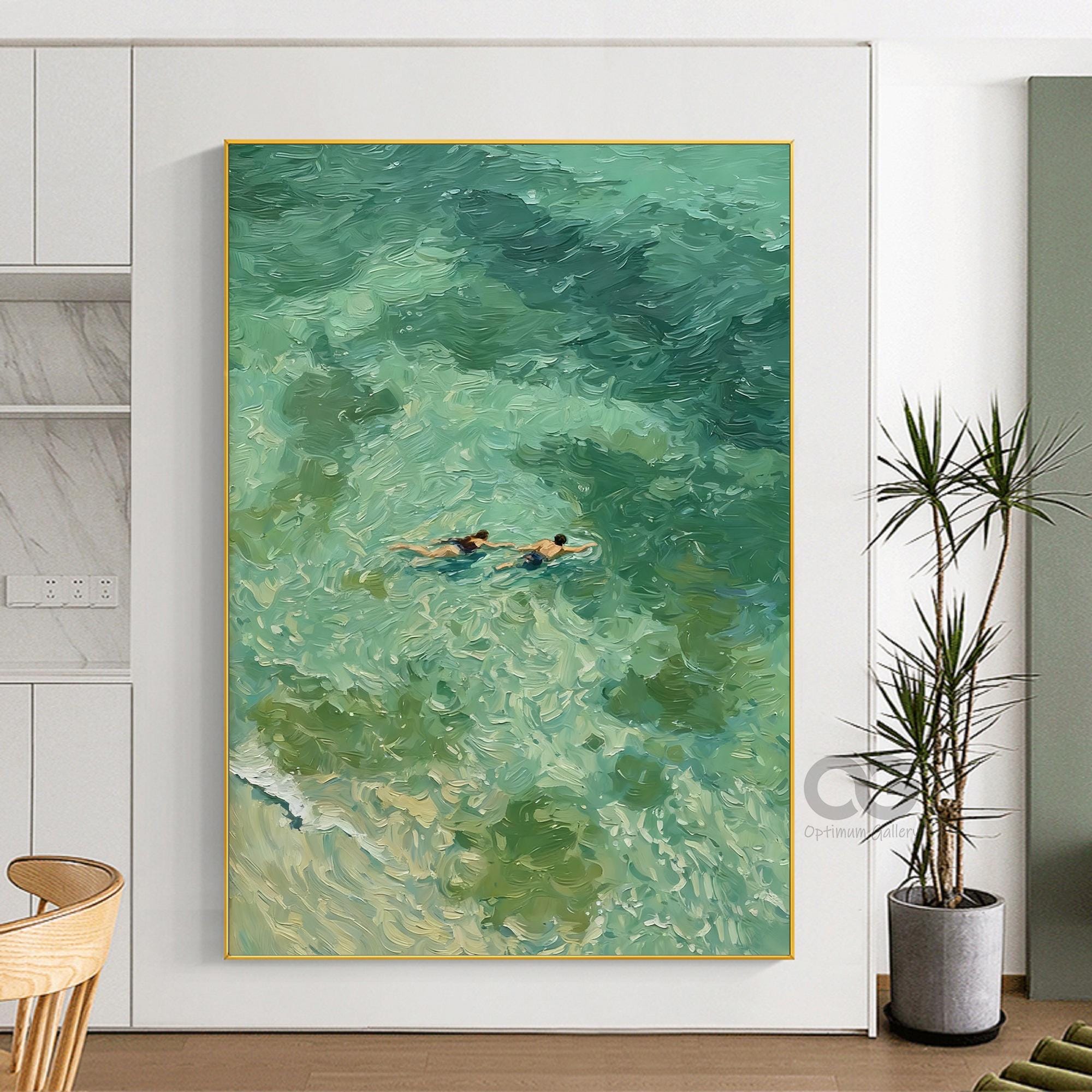 緑の抽象油絵、二人の人が泳ぐ絵、ターコイズ色の絵、海に泳ぎ込む緑の