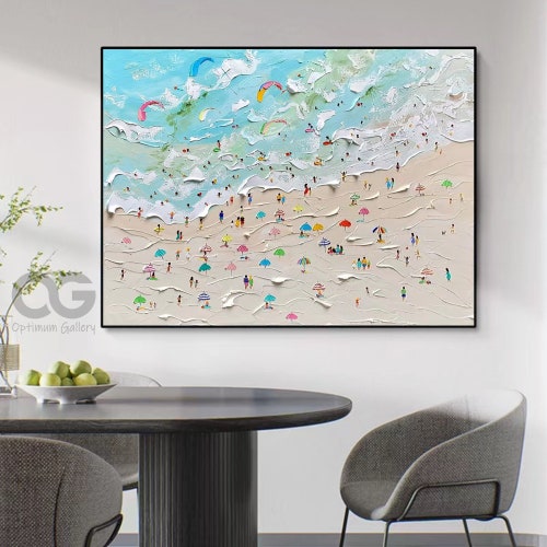 Framed Blue Beach Abstract Painting Summer Sea Wall Art Large Beach Landscape Painting Textured shops Surf Wall Art Beach Swimming Art Home Decor