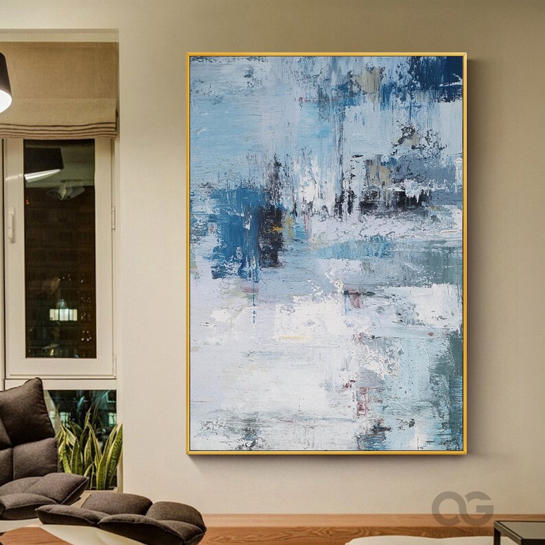 Large Abstract Beach Painting on Canvas Acrylic Blue and White Etsy