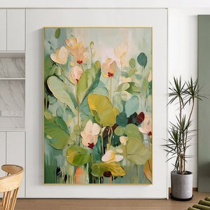 Original Garden Painting on Canvas Texture Painting Green Wall Art Colorful Flower Painting Living Room Wall Art Green Floral Art Wall Decor