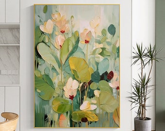 Textured Garden Painting on Canvas, Green Floral Wall Art