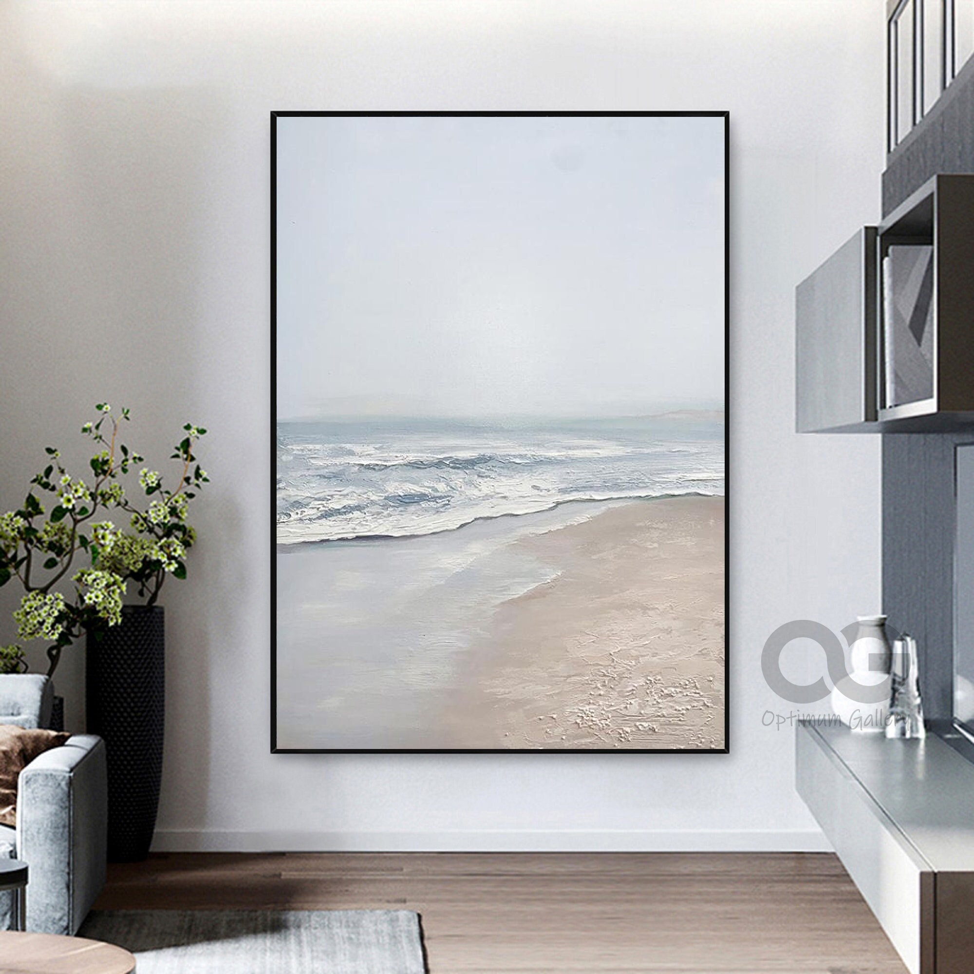 Large Green Coastal Wall Art： Abstract Ocean Landscape Painting