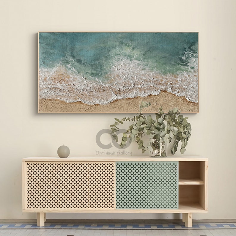 Große 3D-strukturierte Küsten-Wandkunst, gerahmt, grünes Strandgemälde, Meer-Acrylgemälde, abstrakte Ozean-Wandkunst, Strand-Leinwandgemälde, Wanddekoration Bild 4