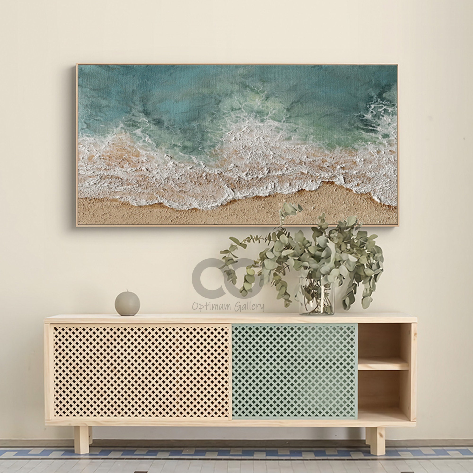 Large 3D Textured Coastal Wall Art Framed Green Beach Painting Etsy UK