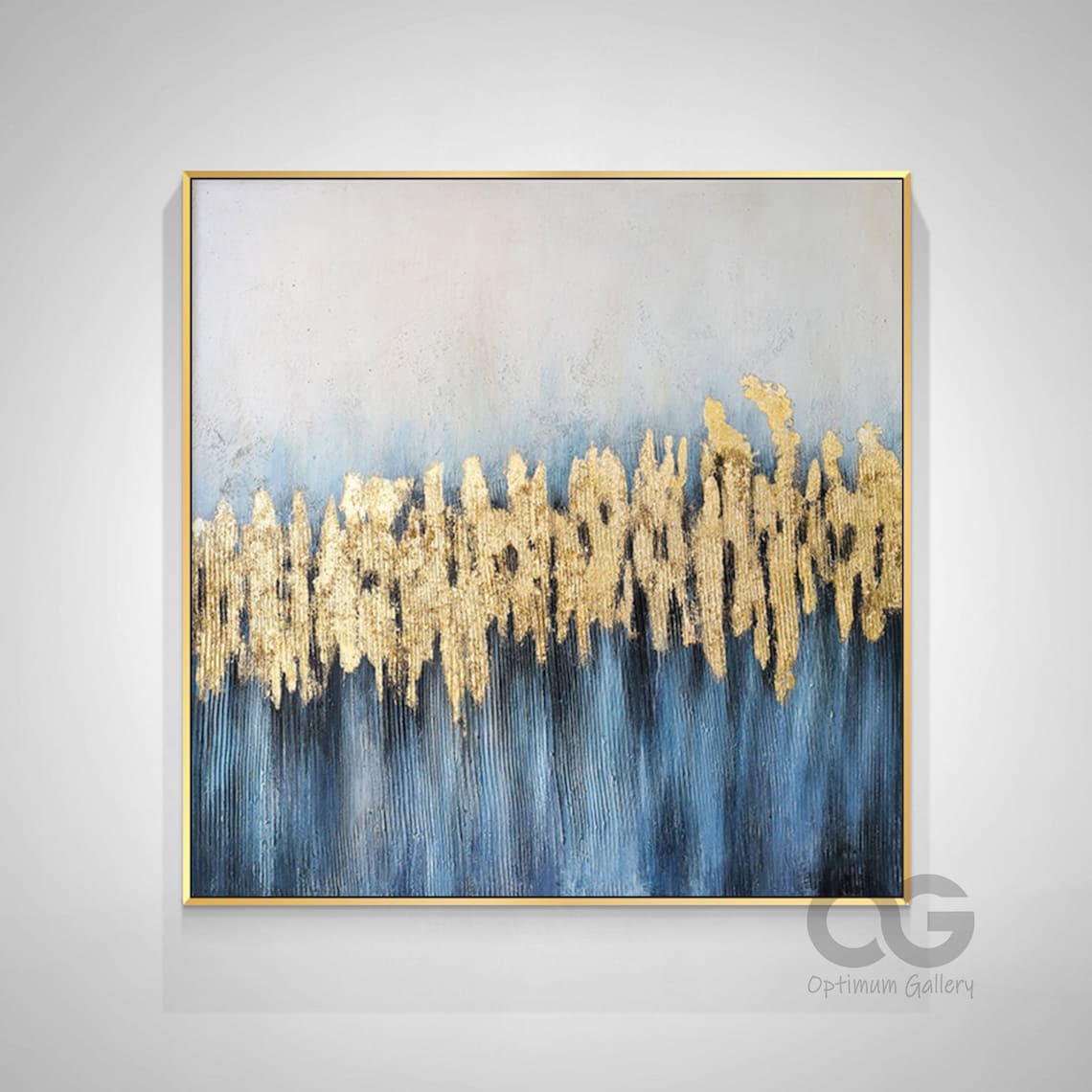 Large Blue And Gold Abstract Canvas Painting Navy Blue Framed Etsy