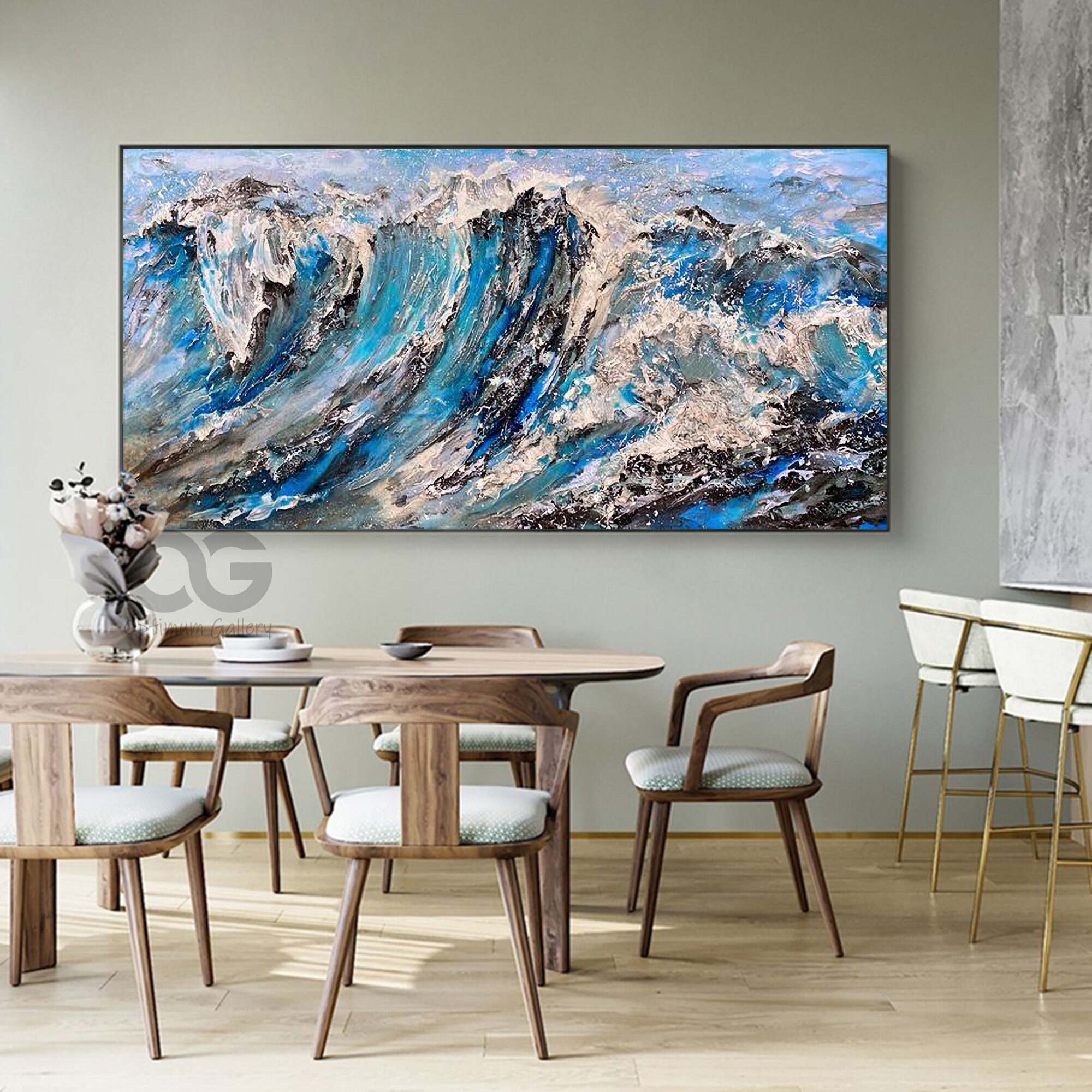 Textured Ocean Wave Wall Art Large Framed Blue Sea Painting Etsy