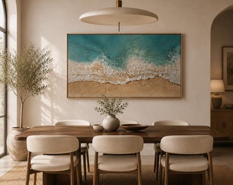 Turquoise Ocean Wave Painting, Framed Beach Wall Decor, Textured