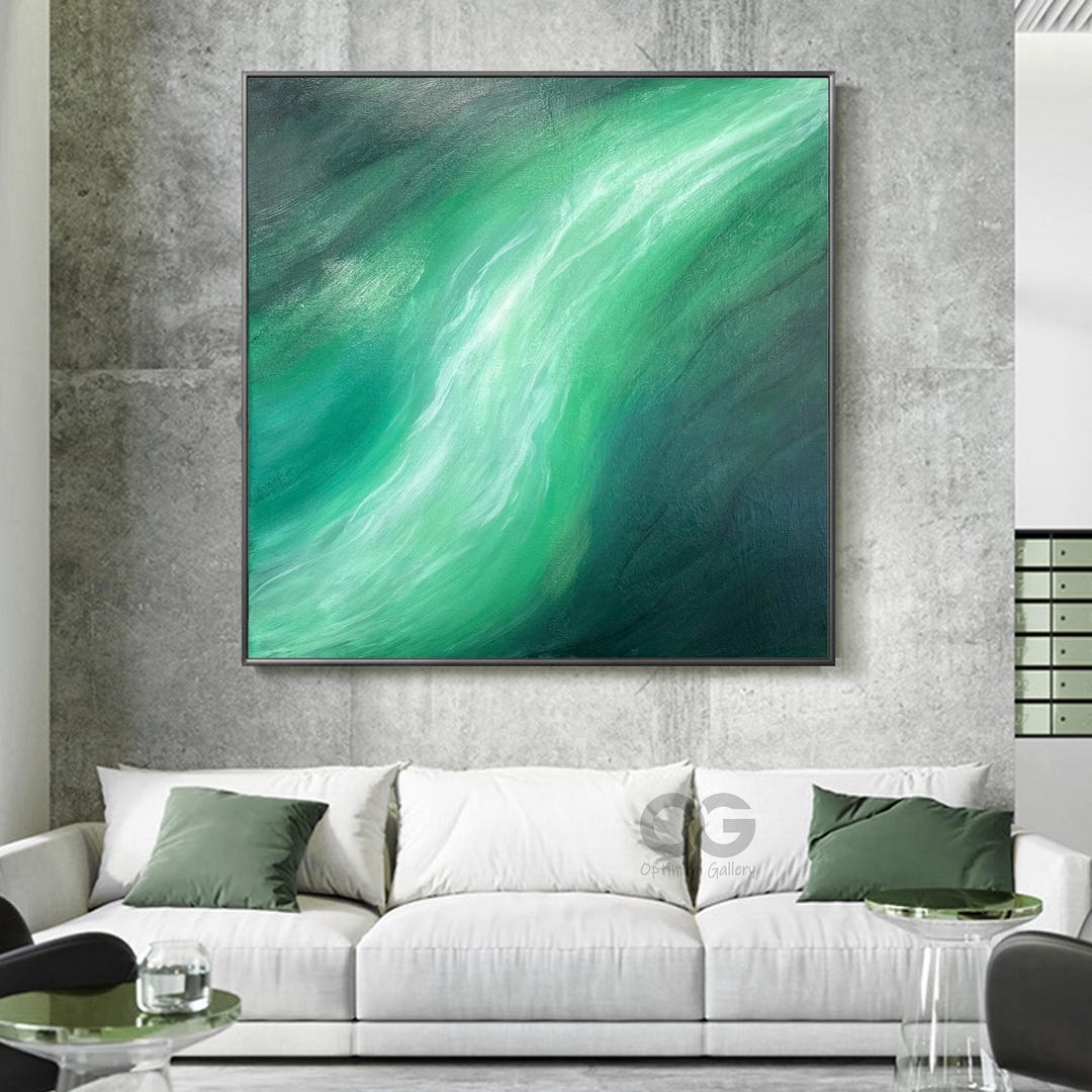 Abstract Green Wave Painting on Canvas Textured Modern Impasto