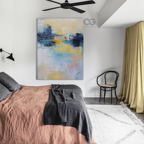 Original Modern Coastal Artwork Abstract Blue-Yellow Ocean Painting Acrylic Seascape Painting shops Abstract Landscape Art On Canvas Home Decor