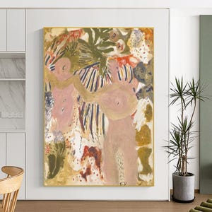 May include: Abstract painting with a gold frame. The artwork features two nude figures in shades of pink and beige, surrounded by a mix of green, red, and yellow organic shapes. Vertical striped patterns and brushstrokes add texture.