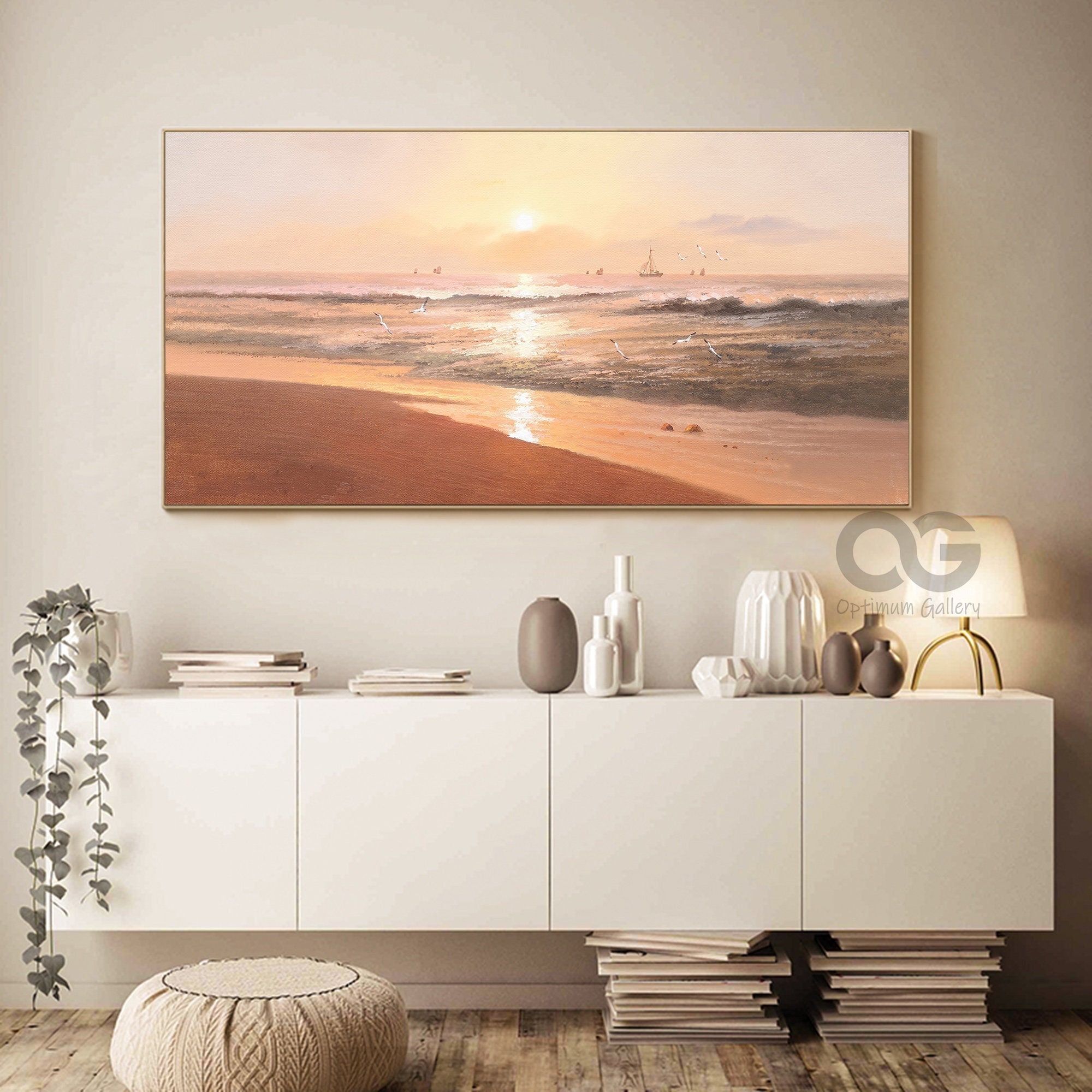 Oversized Abstract Beach Sunset ｜ Textured, Panoramic (60x72, Ocean Landscape)