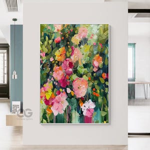 May include: Abstract painting of a floral bouquet with pink, red, and yellow flowers on a green background.