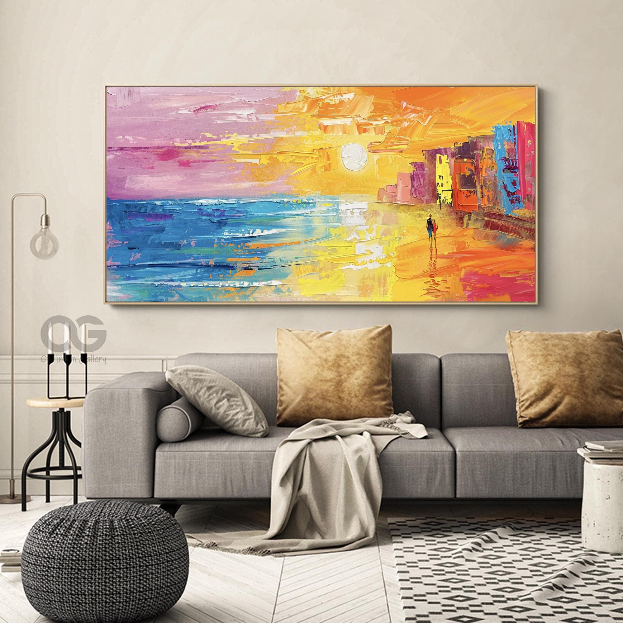 Framed Abstract Ocean Sunset ｜ Bright Ocean Wall Art (48x60, Contemporary Seascape)