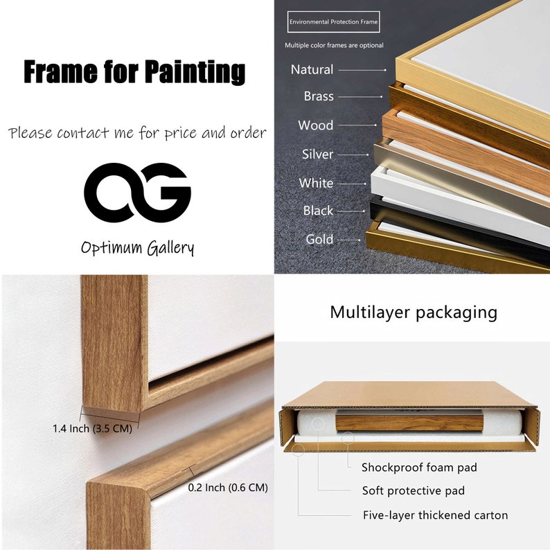 May include: A wooden frame for painting with a 1.4 inch (3.5 cm) wide frame and a 0.2 inch (0.6 cm) wide inner frame. The frame is shown in a multi-layer packaging with shockproof foam pad, soft protective pad and five-layer thickened carton.