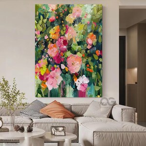 May include: Abstract painting of a floral arrangement with pink, red, and yellow flowers on a green background.