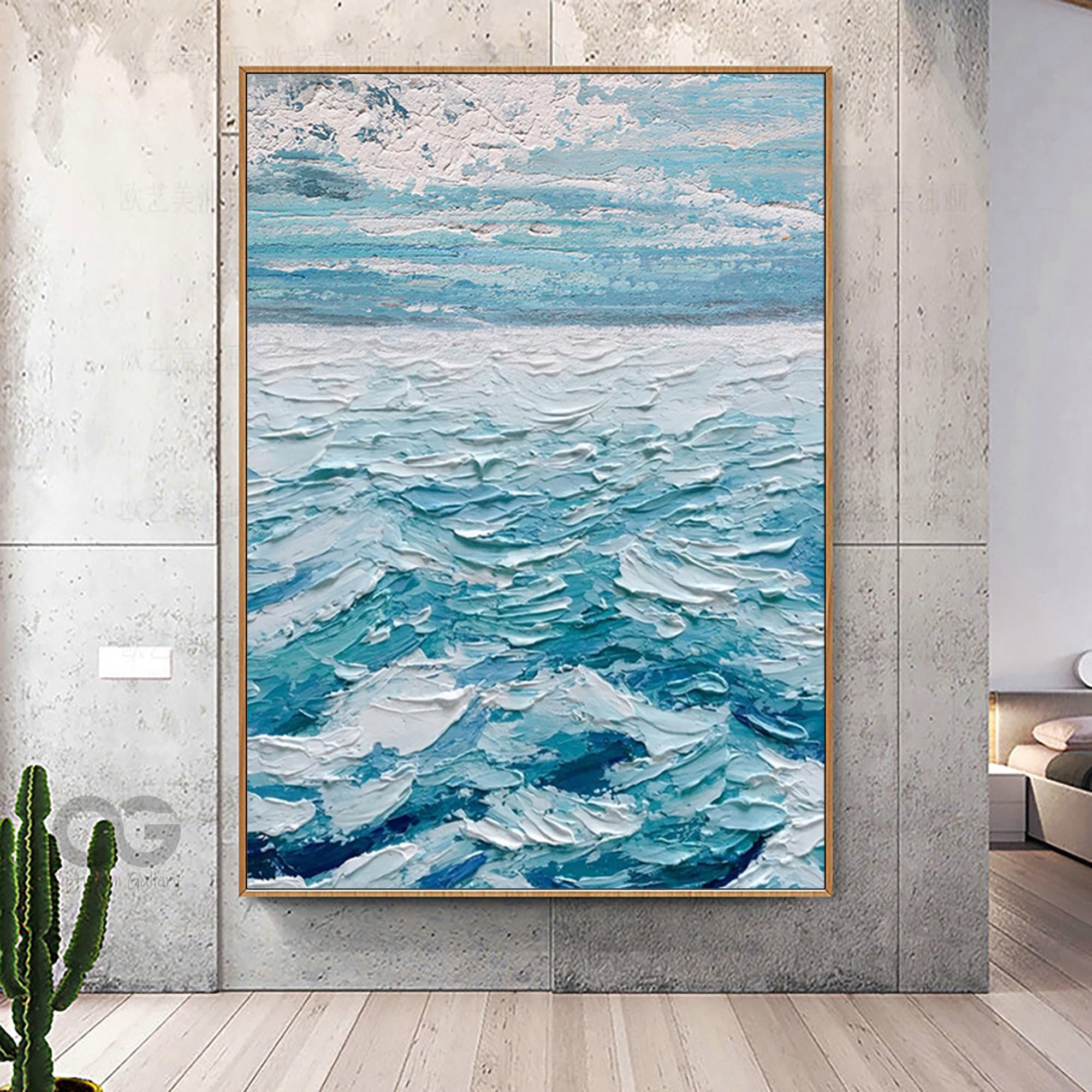 Framed Abstract Ocean Painting Large Ocean Wall Art Textured Etsy