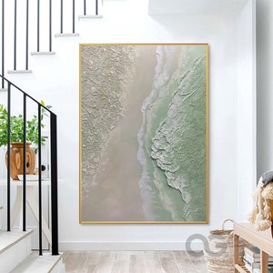 Large Green Coastal Wall Decor Abstract Green Beach Painting Acrylic Framed Ocean Wave Canvas Painting 3D Texture Abstract Beach Canvas Art