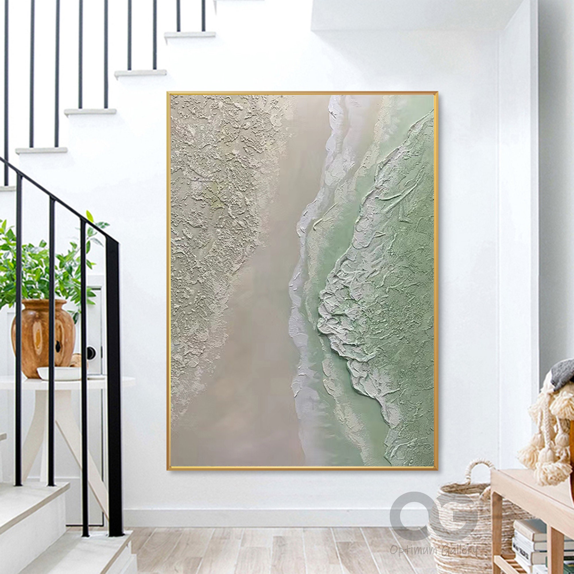 Green Coastal Wall Decor： Abstract Beach Wave Canvas Painting
