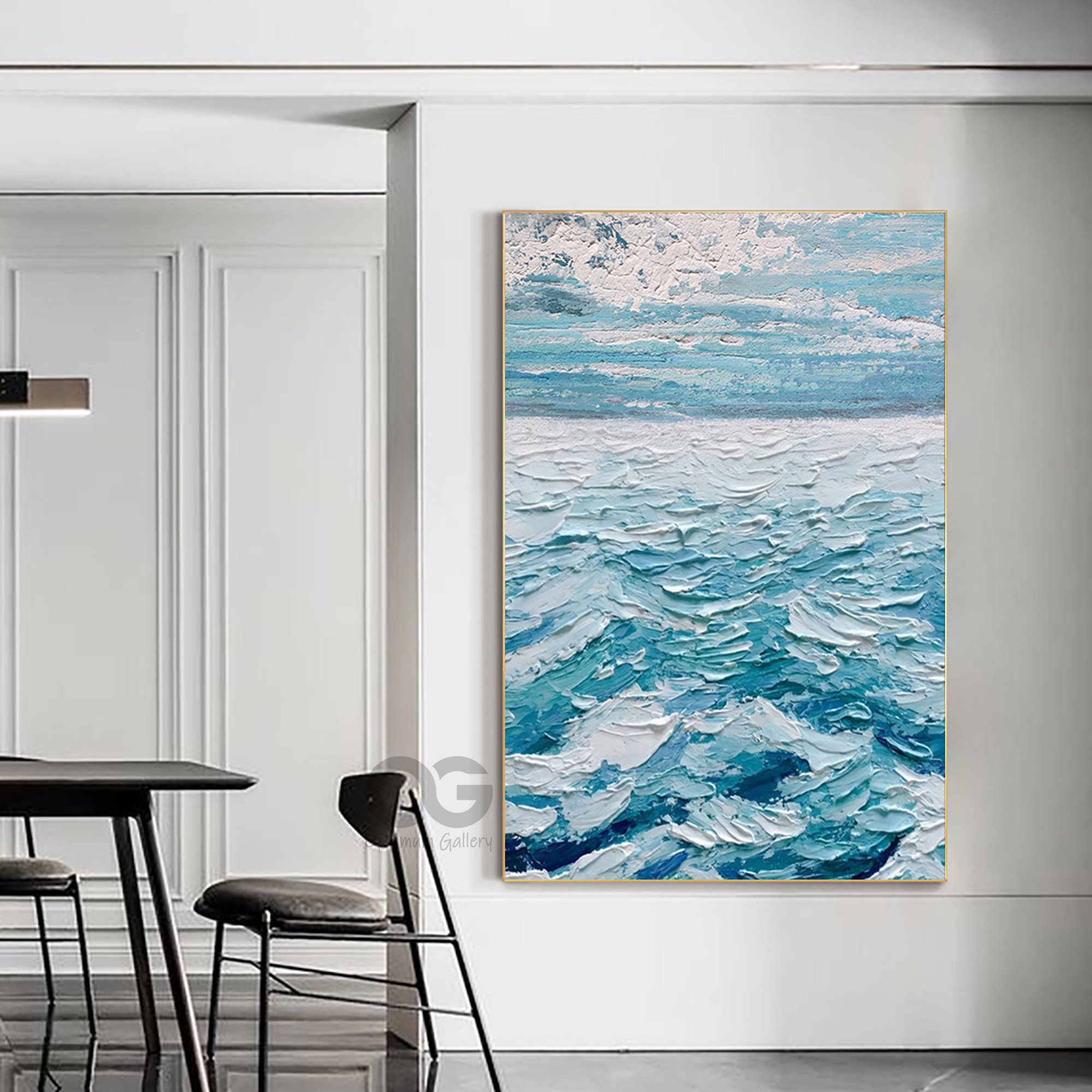 Framed Abstract Ocean Painting Large Ocean Wall Art Textured Etsy UK