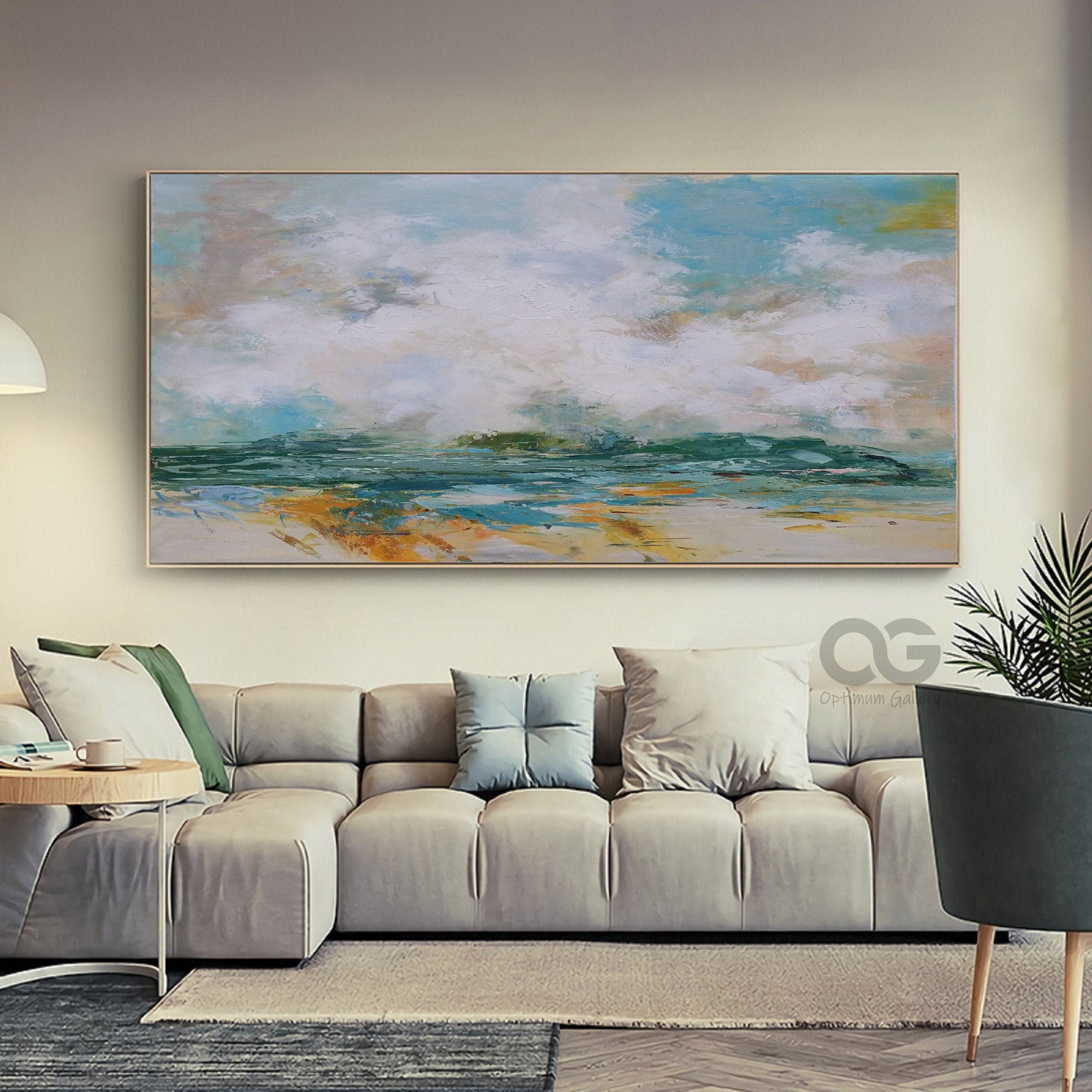 Oversized Abstract Beach Painting ｜ Green Wall Art, Textured (60x72, Panoramic)