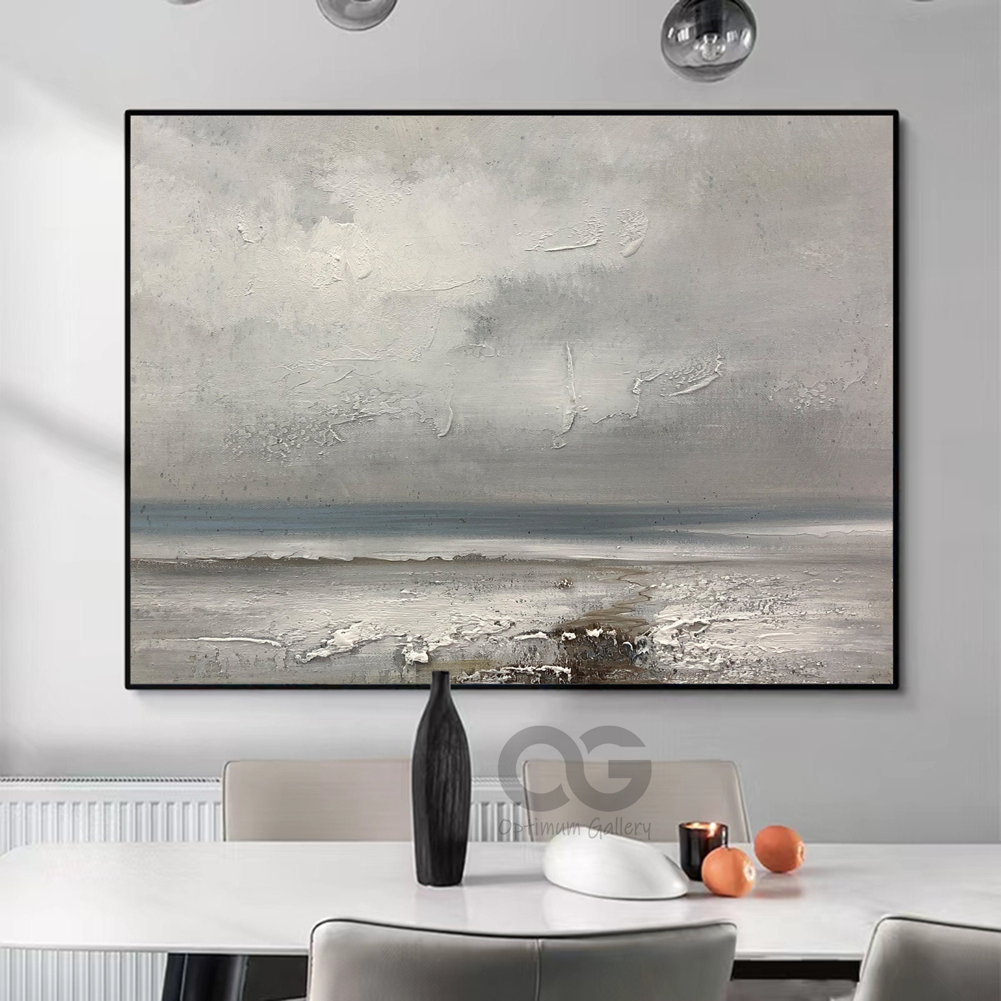 Original Ocean Canvas Painting ｜ Gray Sky, Living Room Art (48x60, Large Scale)