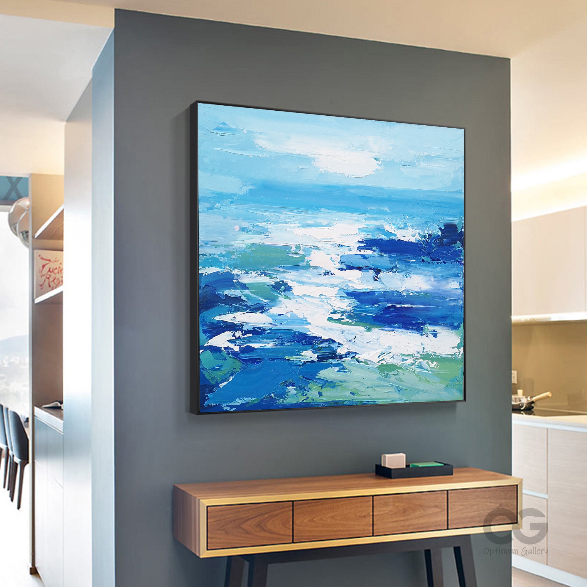 3D Textured Ocean Acrylic Painting： Framed Beach Canvas Decor
