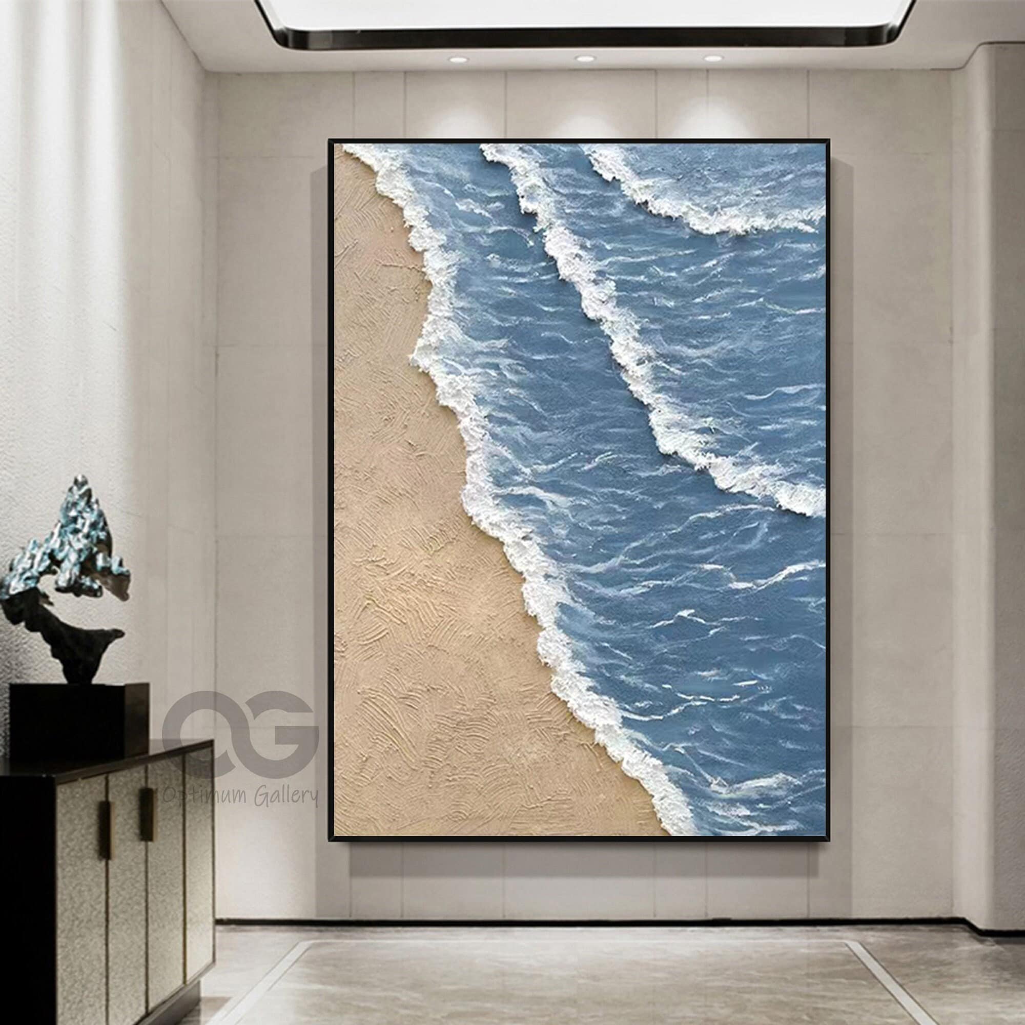 Ocean Sunset Painting： Framed Grey Beach Palette Knife Artwork