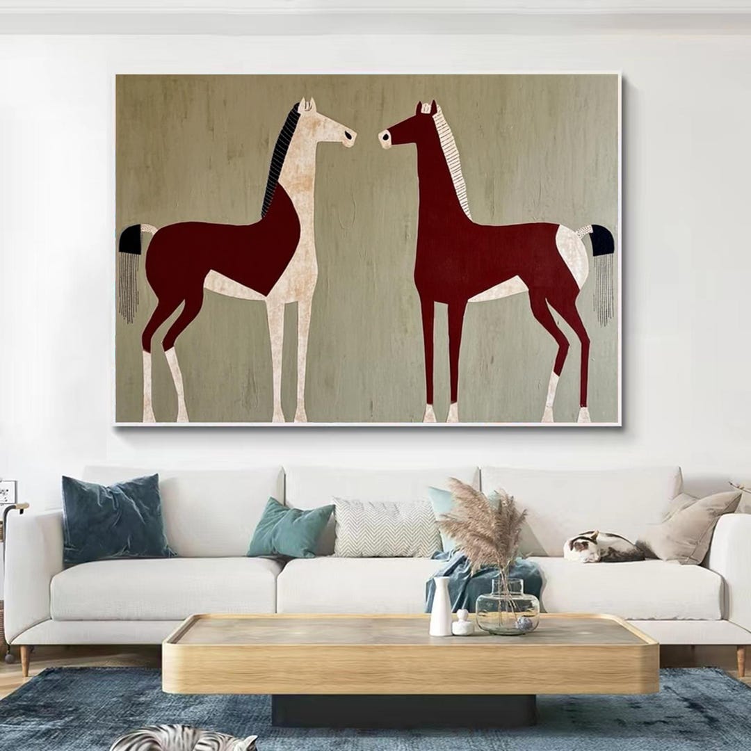 Minimalist Horse Oil Painting Abstract Two Horses Wall Art Modern ...