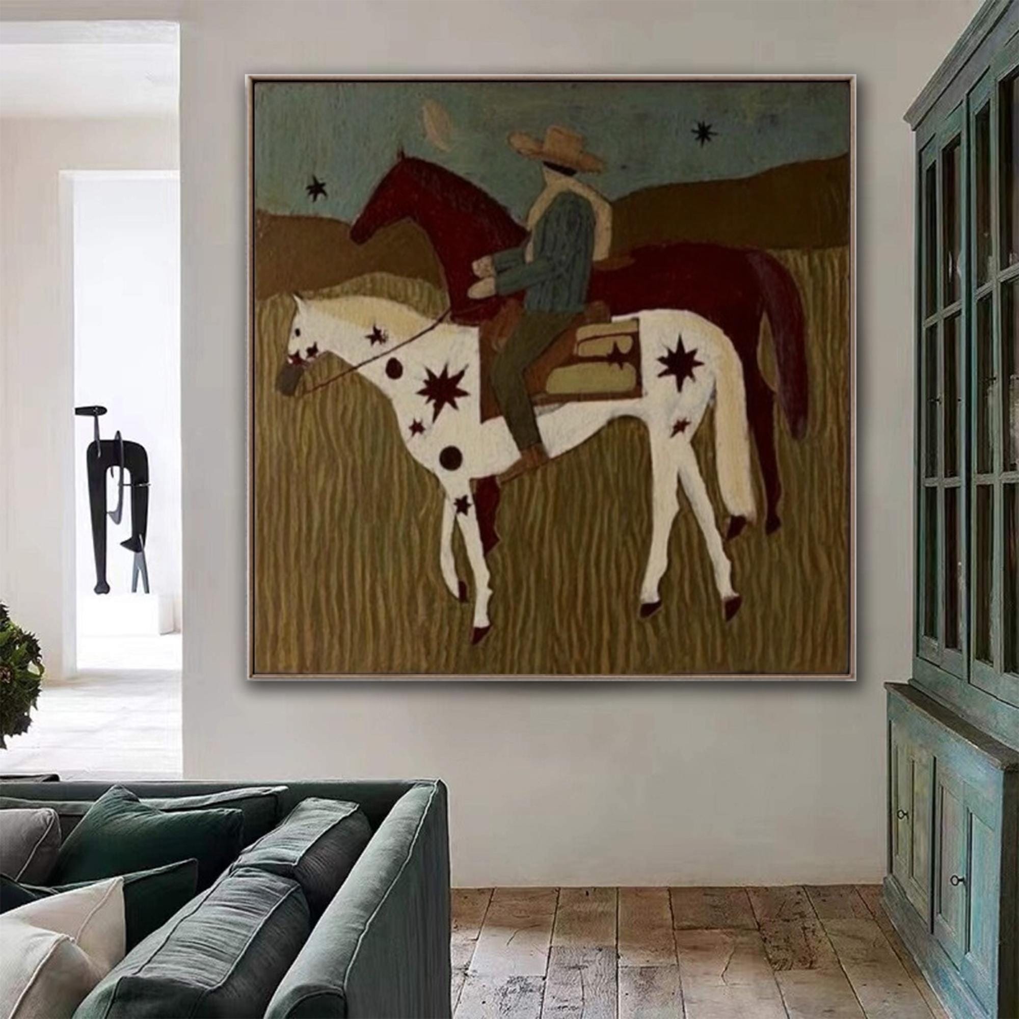 Vintage Cowboy Horse Oil Painting: Folk Art Western Star Prairie Wall ...