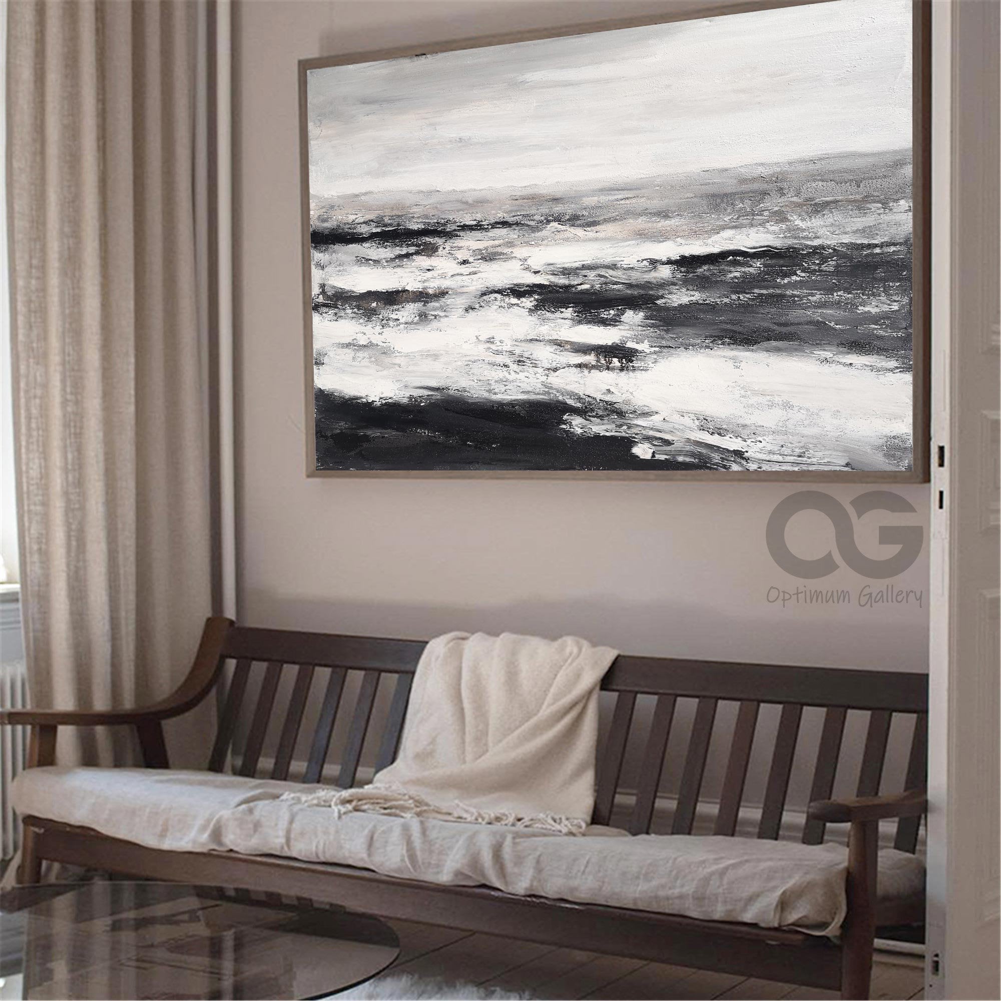 Black And White Beach Painting Large Abstract Ocean Art Etsy