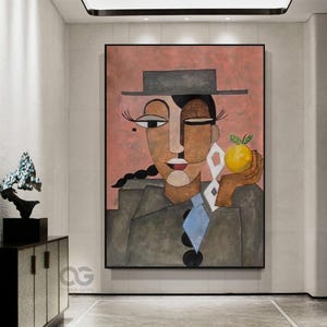 Gran retrato de estilo Picasso, pintura abstracta de dama, pintura de rostro de mujer, arte figurativo original, arte en lienzo enmarcado, arte de mujer, decoración del hogar