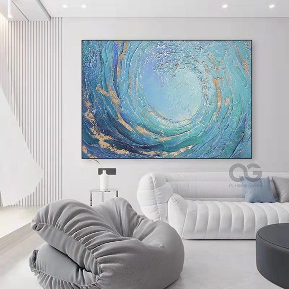 Texture Blue Wave Acrylic Painting Framed Surf Wave Painting on