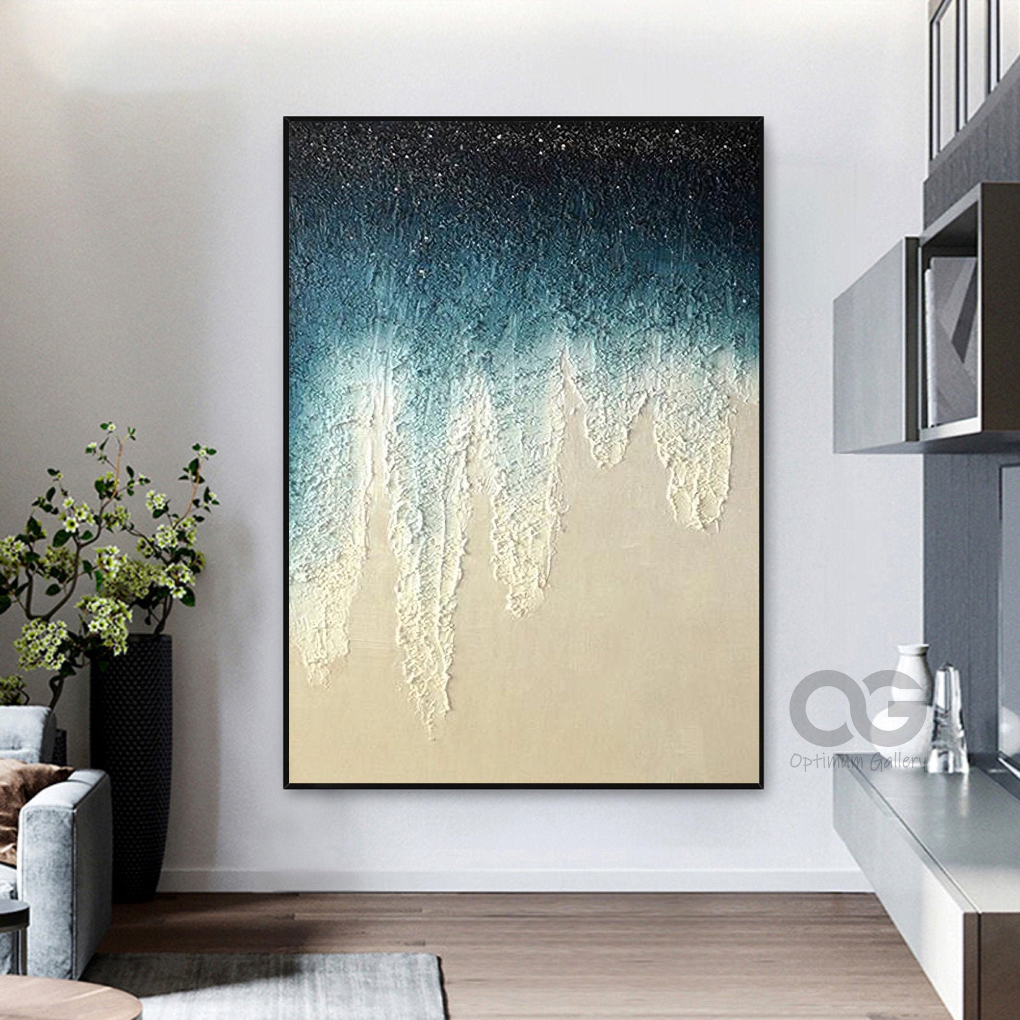 Textured Beach Acrylic Painting： Emerald Green Coastal Artwork