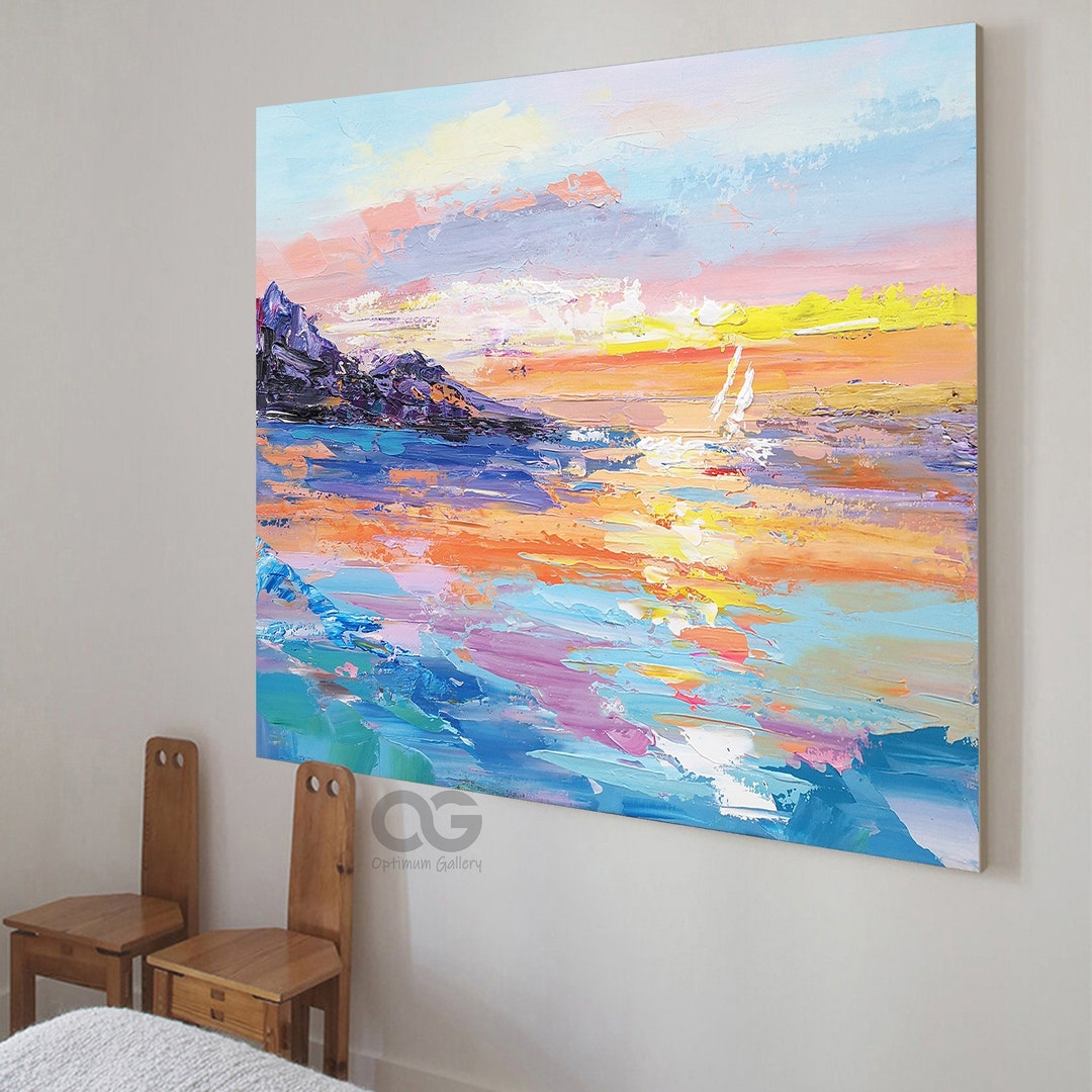 Coastal Abstract Canvas Painting Large Coastal Wall Art Framed Etsy