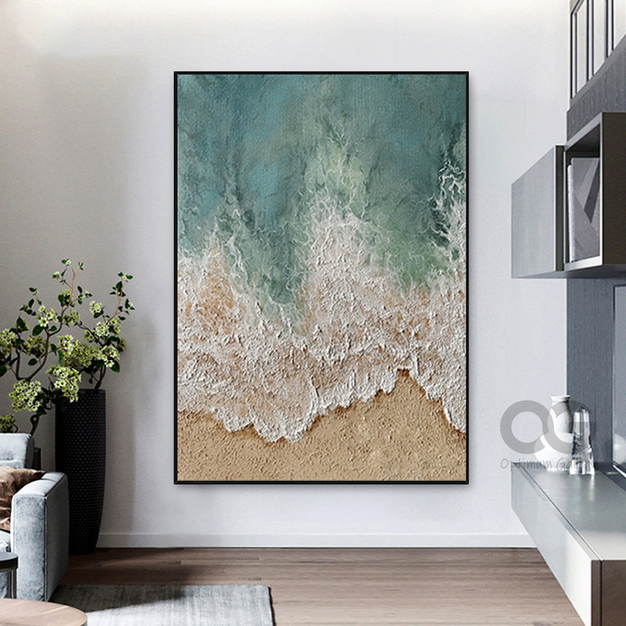 Framed White Beach Abstract Painting： Impressionist Coastal Decor