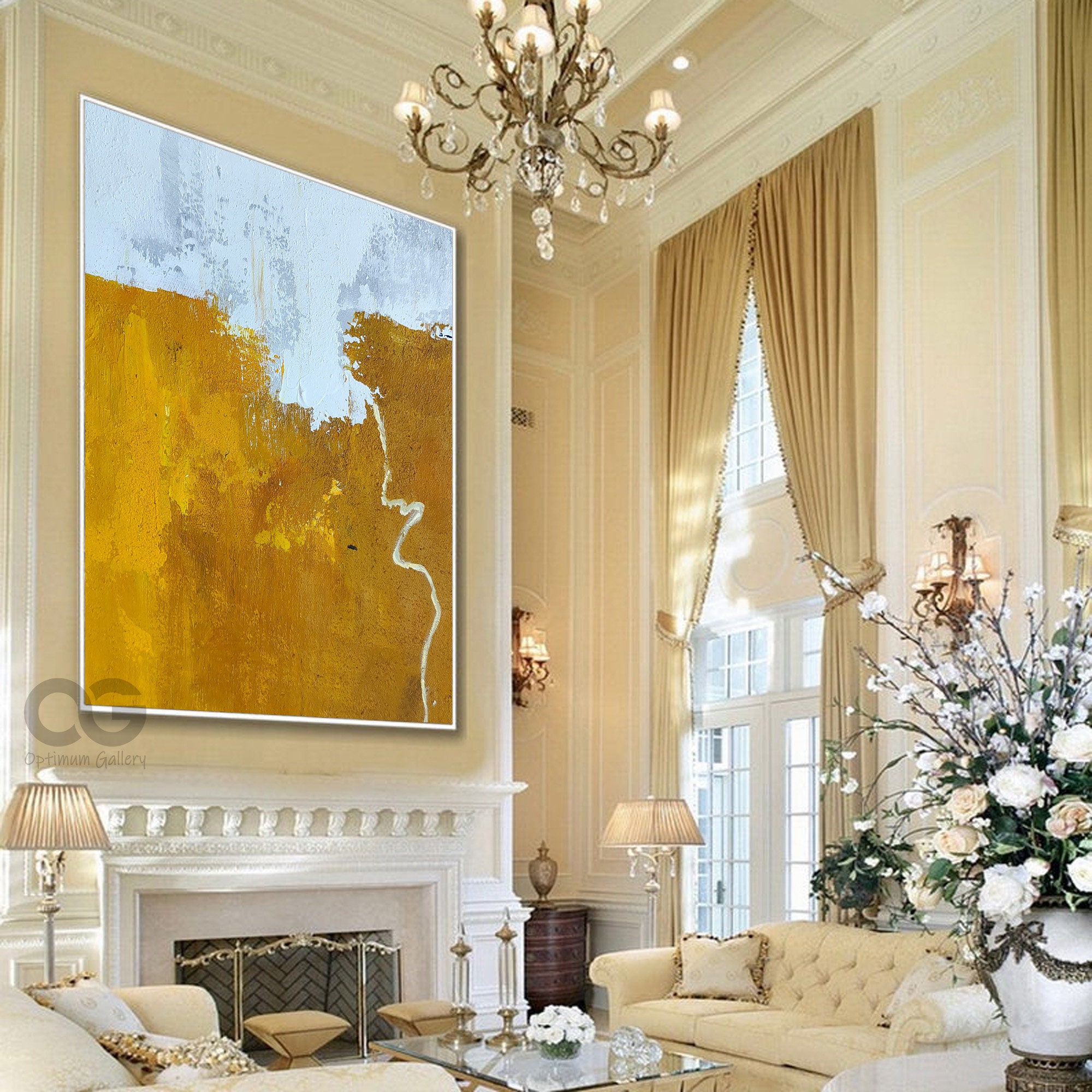 Large Minimalist Abstract Painting Yellow and White Canvas Art Etsy