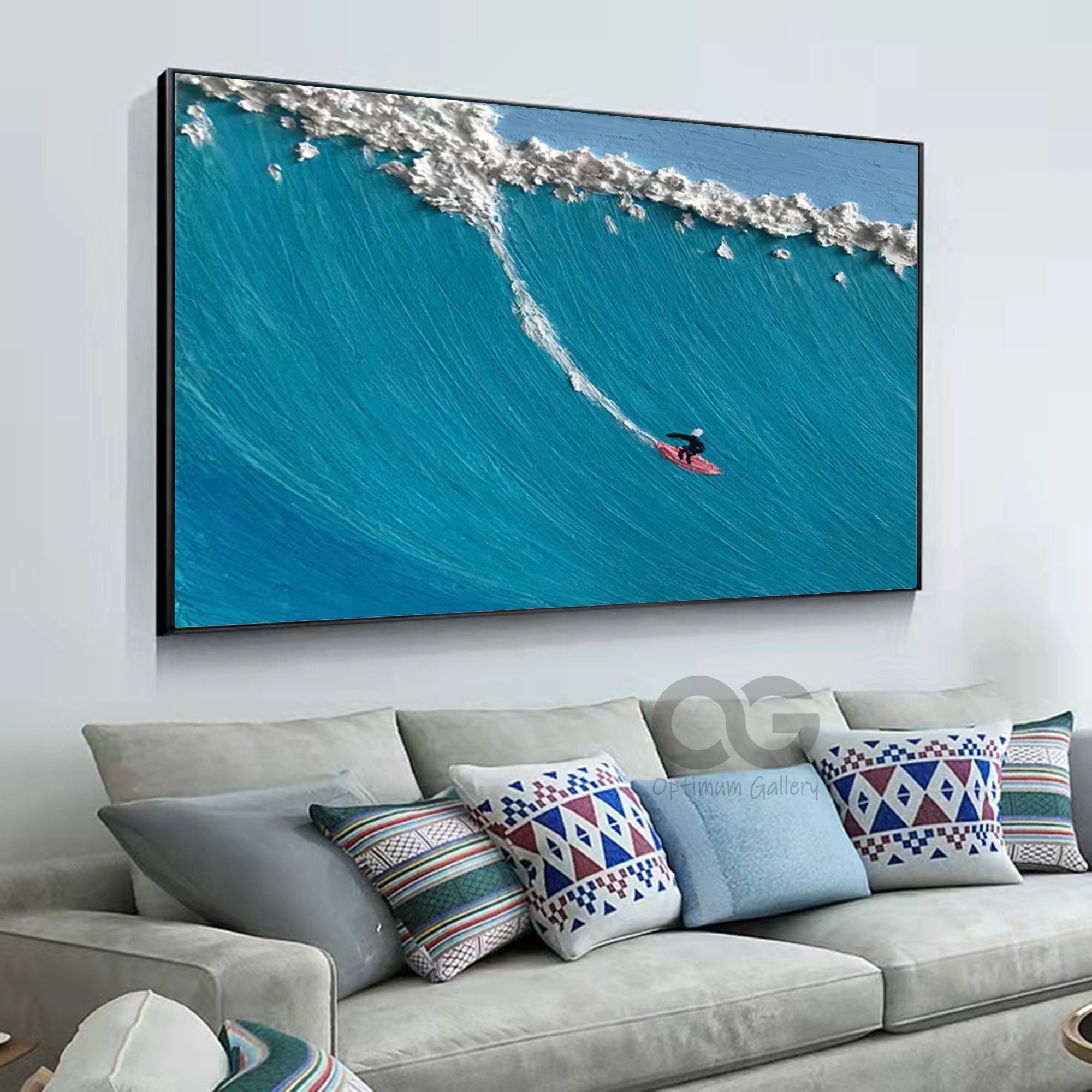 Pintura de ondas azuis originais em tela, arte de parede texturizada, pintura de surf, arte de surf, presentes personalizados, arte de parede em tela personalizada, presente personalizado