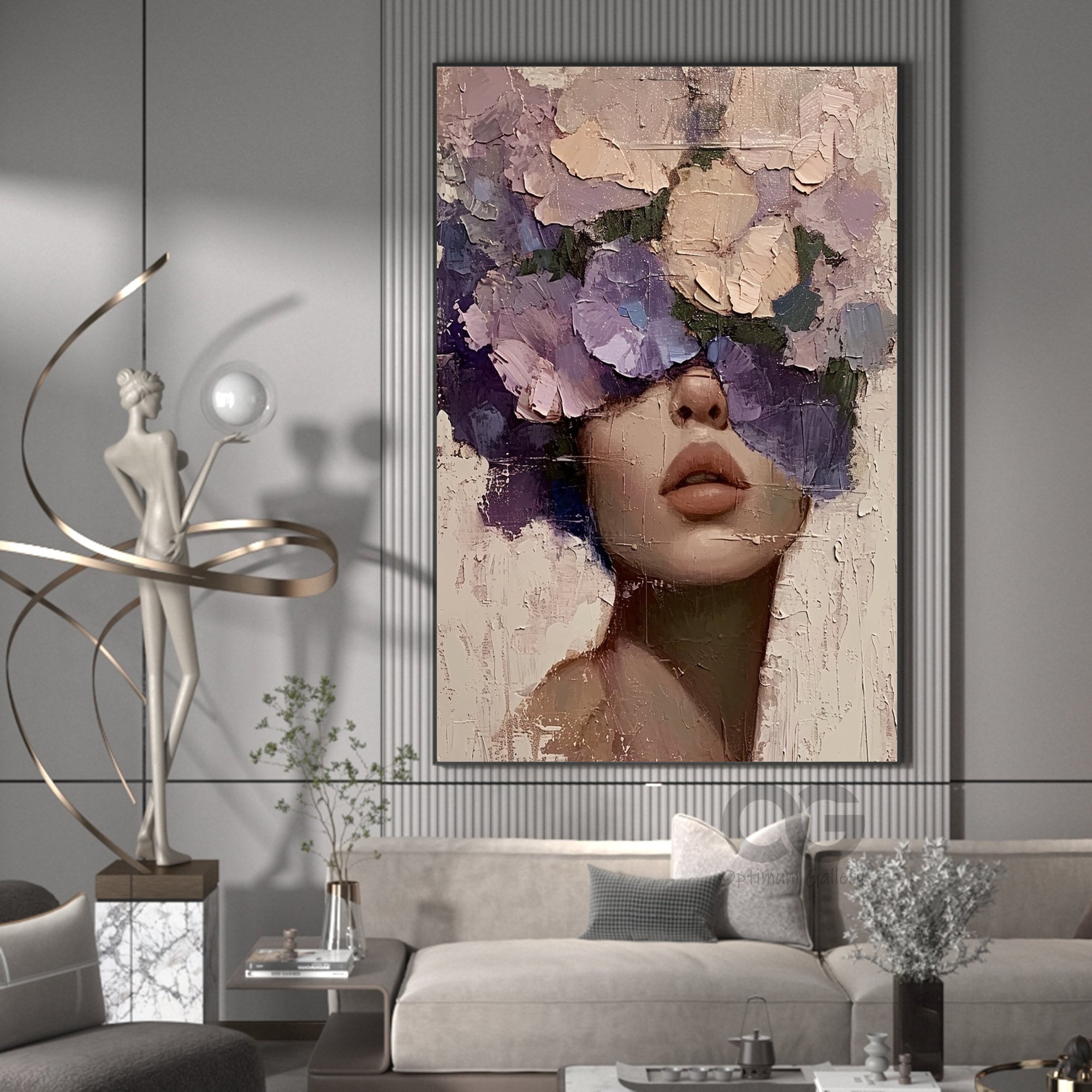抽象的な女性の顔の絵画、花の顔のない肖像画、額入りキャンバスアート
