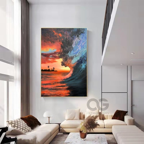 Red Sunset painting Ocean Wave Wall Art Large shops Abstract Blue Beach Wall Art Huge Wave Canvas Painting Acrylic Textured Sky And Sea Painting